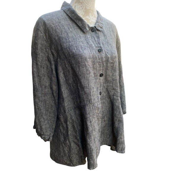 Flax Size Large L Dark Gray Button Down Linen Shirt Peplum Lagenlook Coastal - Picture 2 of 16